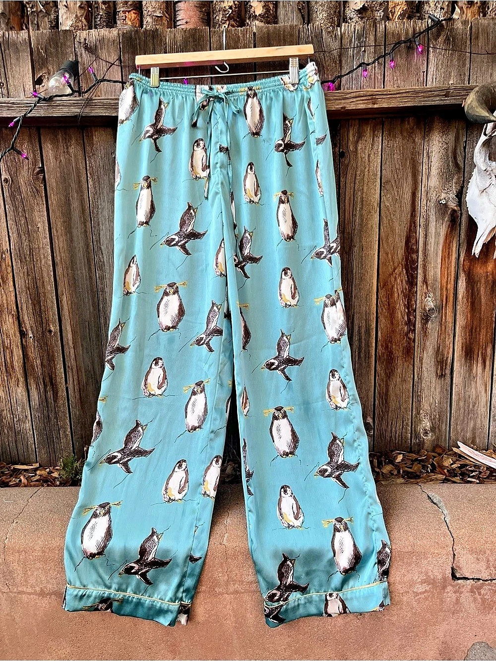 Blue Penguin Print Wide Leg Pajama Pants